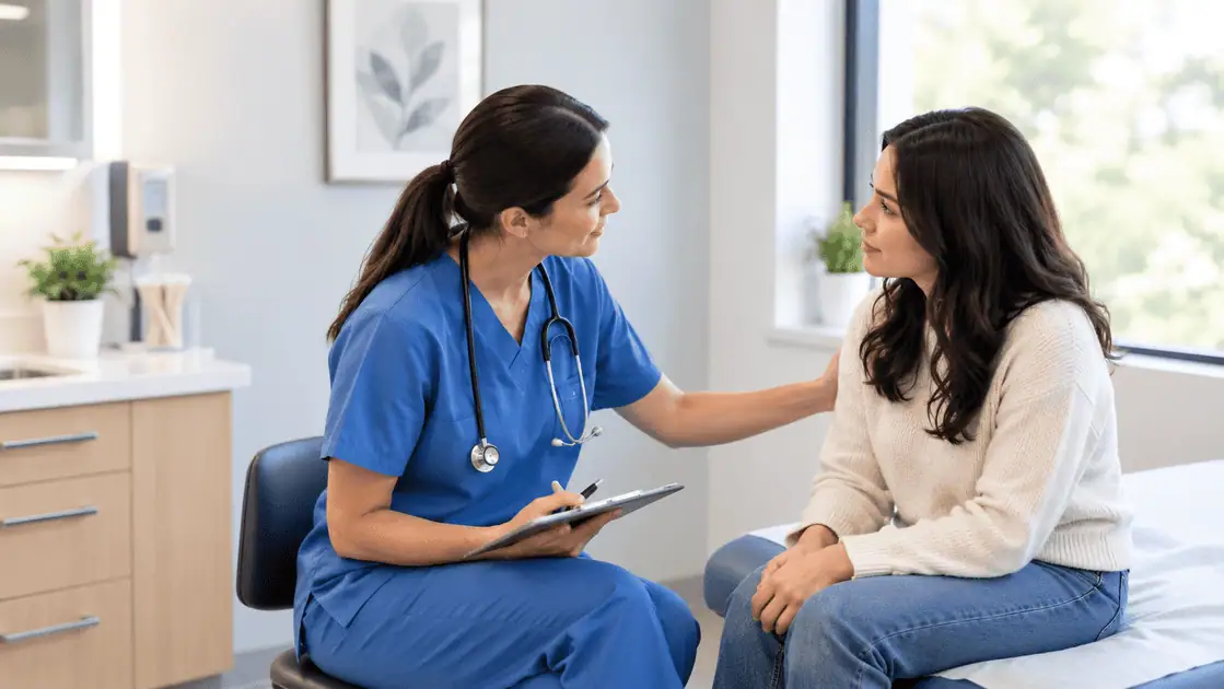 Clinician discussing care options with a patient in a bright, modern medical clinic exam room.