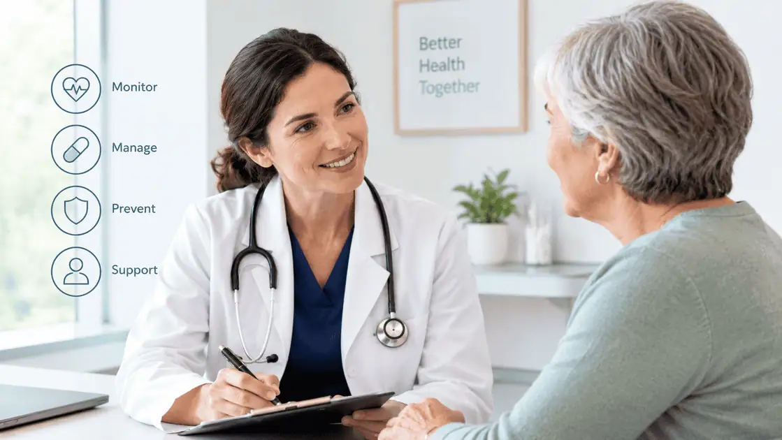 Doctor discussing chronic disease management and ongoing primary care with a patient